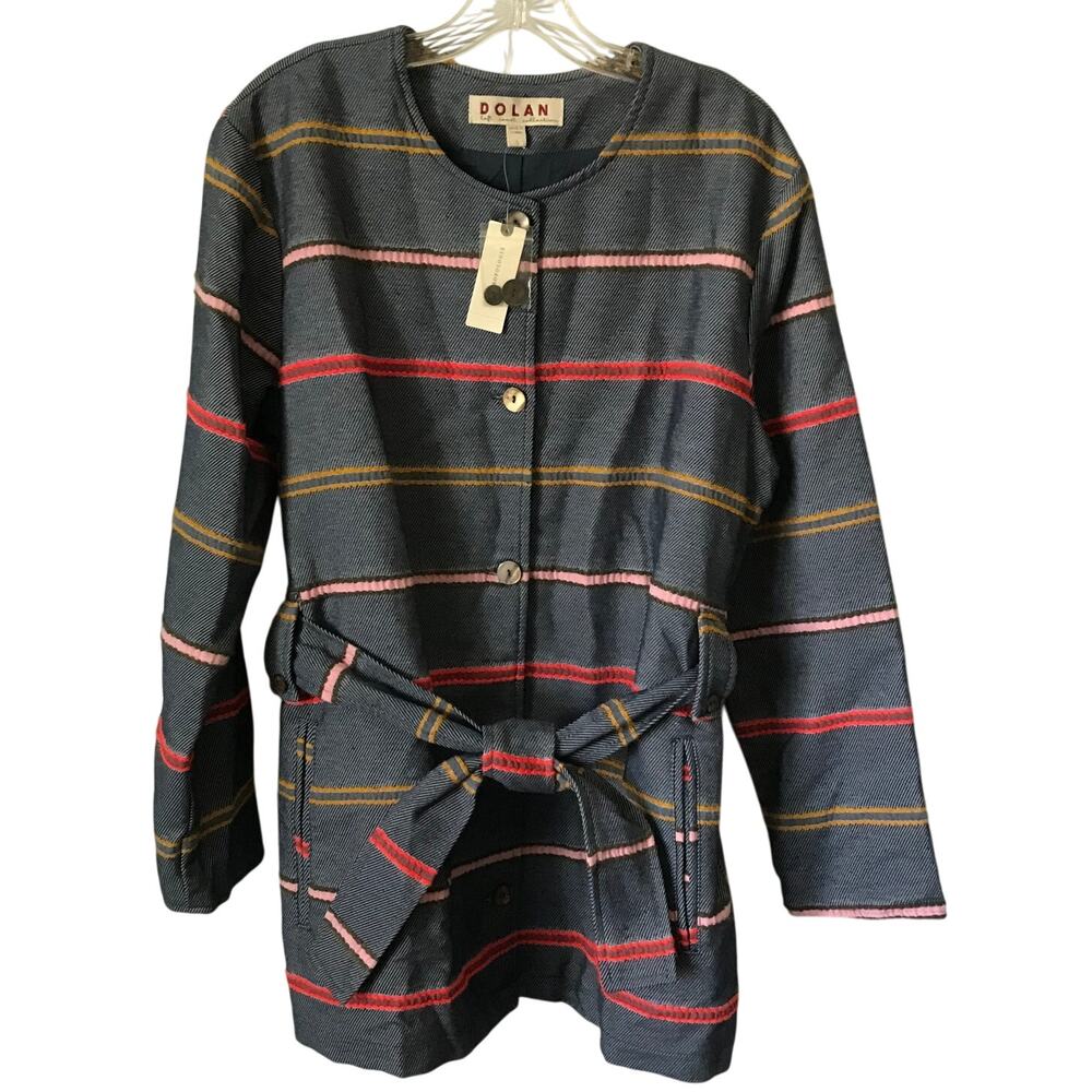 Dolan Anthropologie Jacket Womens Piccadilly Blue Striped Longline Belted Size L